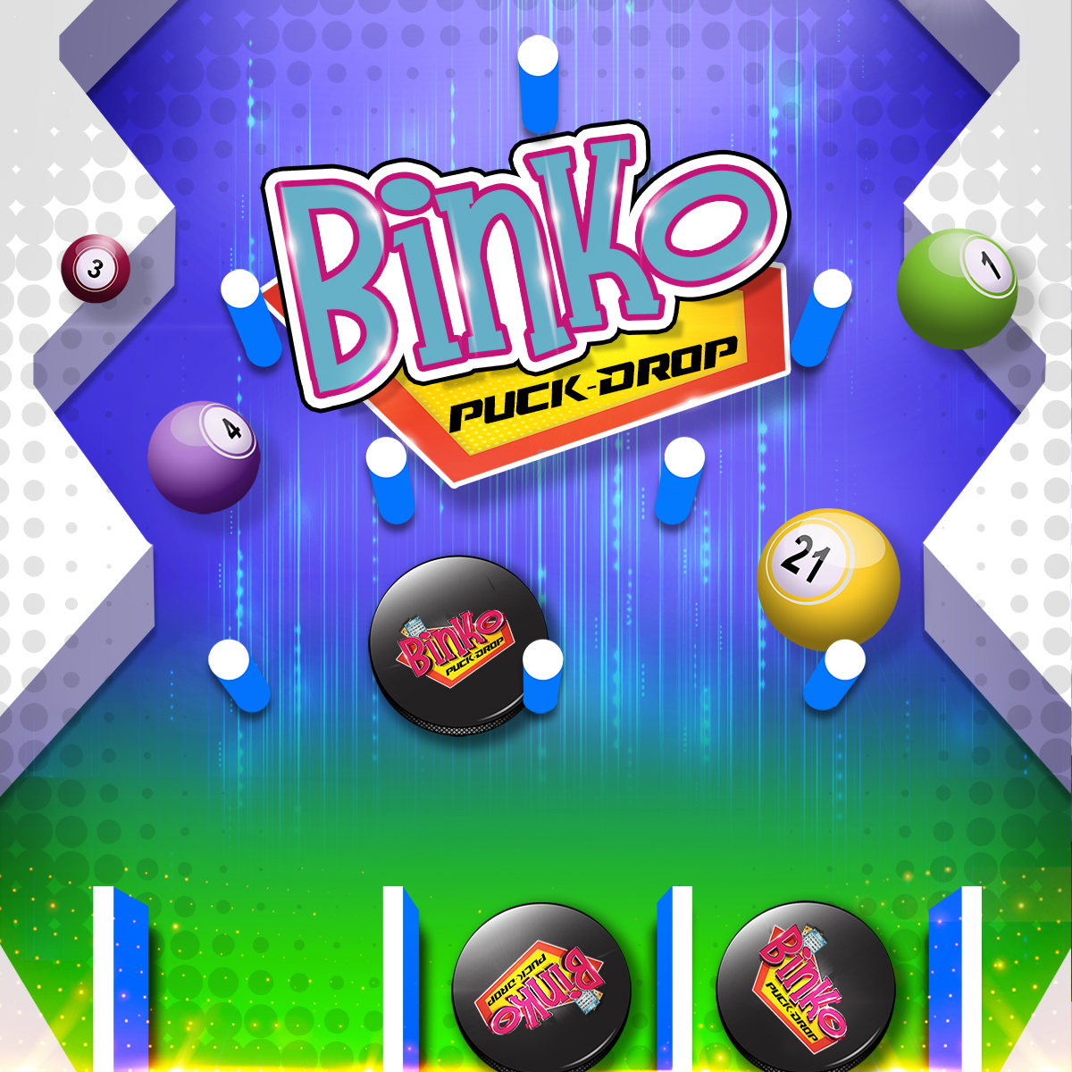 Colorful bingo cards and round bingo balls w/numbers